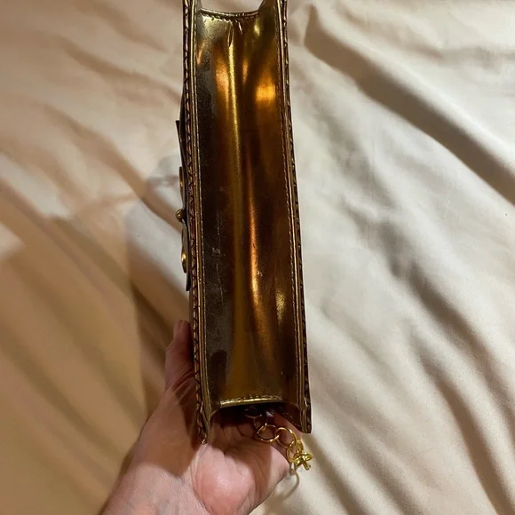 Bellini Gold Textured Clutch with Gold Chain and Bow Detail, OS - Picture 14 of 15